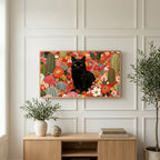 Black cat in a flower garden art on a TV above a light oak sideboard with olive branches in a bright living room