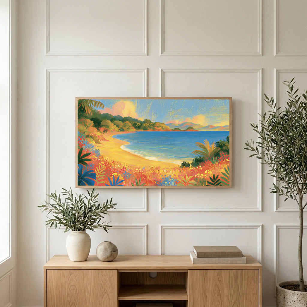 Tropical cove art on a TV above a light oak sideboard with olive branches in a bright living room