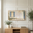 Blue shutter cottage window art on a TV above a light oak sideboard with olive branches in a bright living room