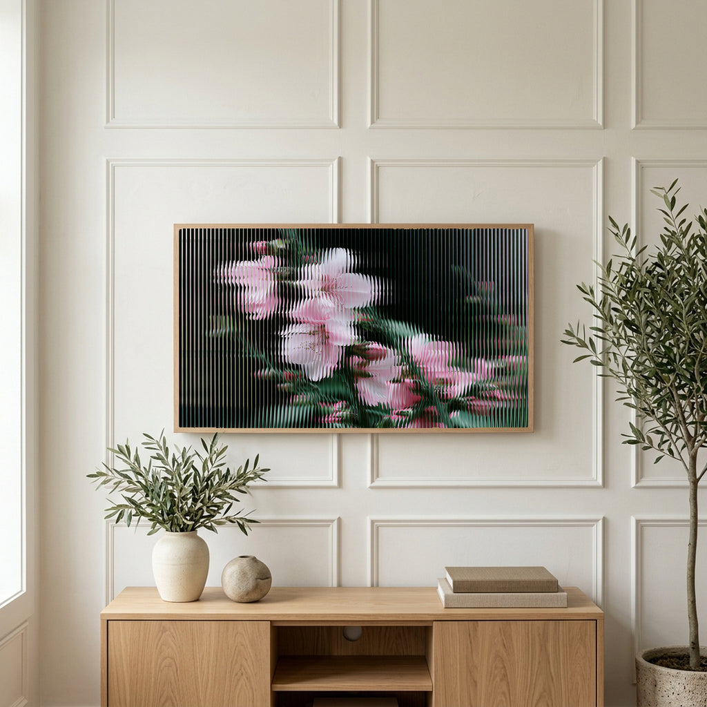 Fluted glass blossom art on a TV above a light oak sideboard with olive branches in a bright living room