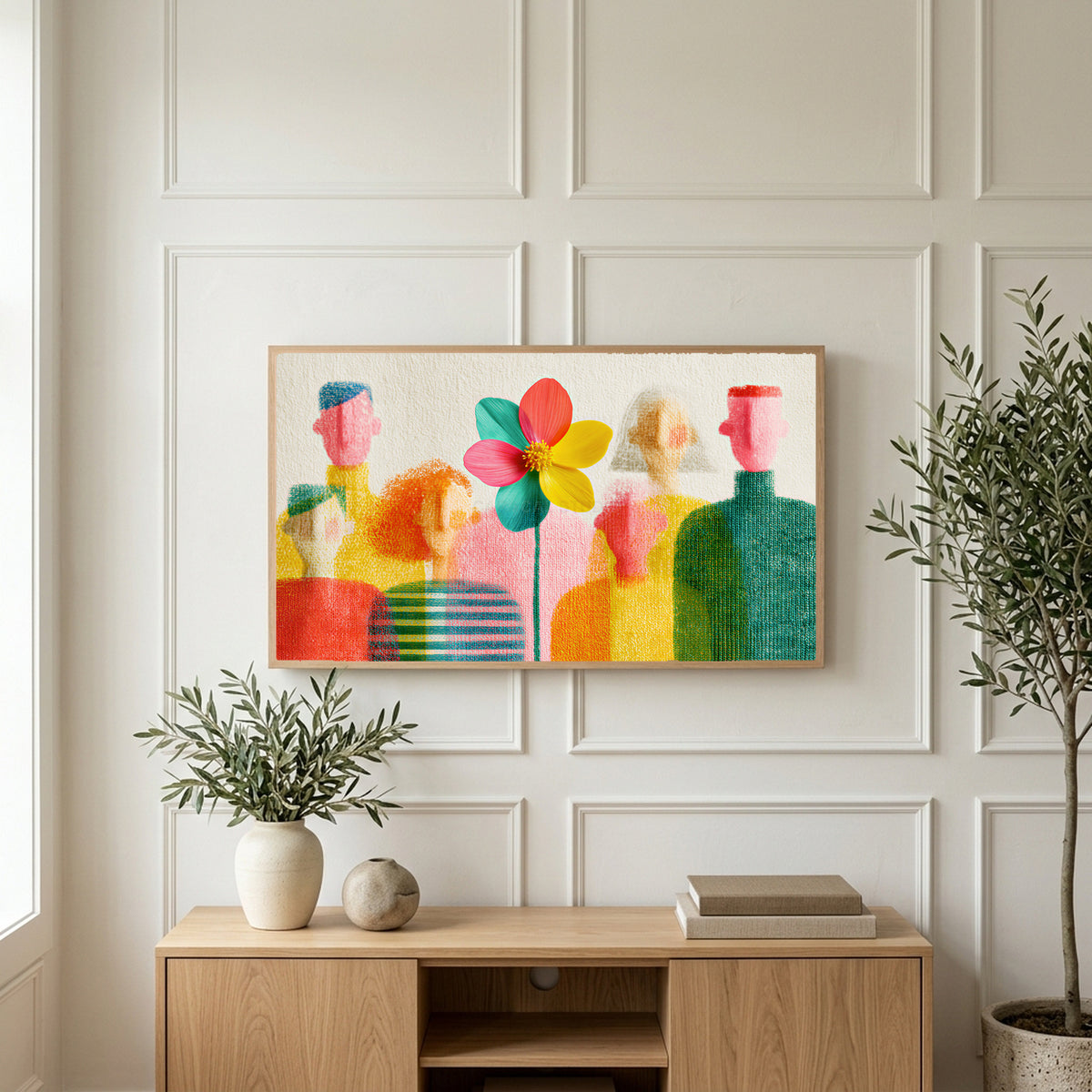 Faceless people and flower art on a TV above a light oak sideboard with olive branches in a bright living room