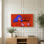 Blue hair portrait art on a TV above a light oak sideboard with olive branches in a bright living room
