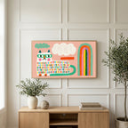 Rainbow cat art on a TV above a light oak sideboard with olive branches in a bright living room