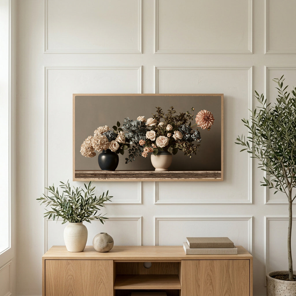 Roses and hydrangeas still life art on a TV above a light oak sideboard with olive branches in a bright living room