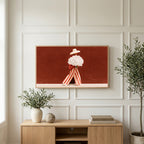 Figure with a daisy bouquet art on a TV above a light oak sideboard with olive branches in a bright living room