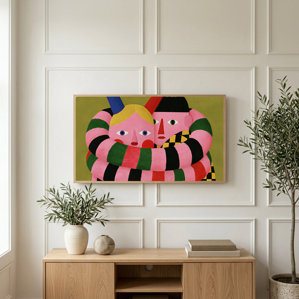 Long striped arms portrait art on a TV above a light oak sideboard with olive branches in a bright living room