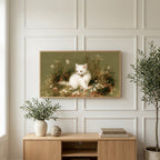 White kitten art on a TV above a light oak sideboard with olive branches in a bright living room