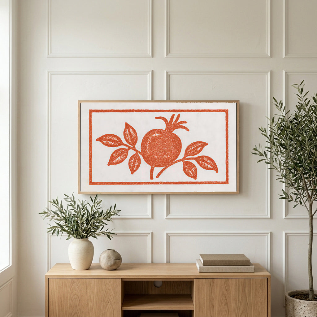 Pomegranate linocut art on a TV above a light oak sideboard with olive branches in a bright living room