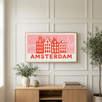 Amsterdam canal houses art on a TV above a light oak sideboard with olive branches in a bright living room