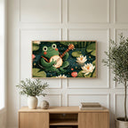 Frog playing a banjo art on a TV above a light oak sideboard with olive branches in a bright living room