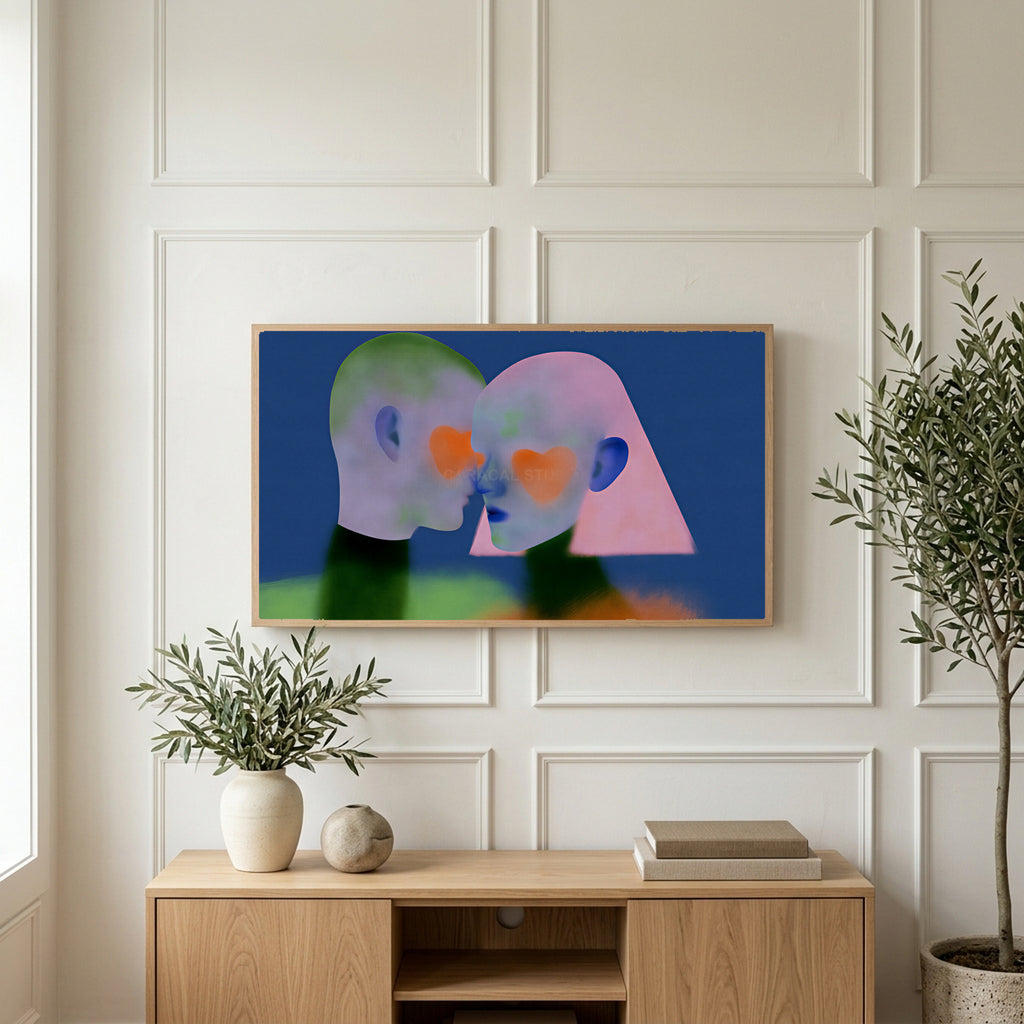 Heart cheek portrait art on a TV above a light oak sideboard with olive branches in a bright living room