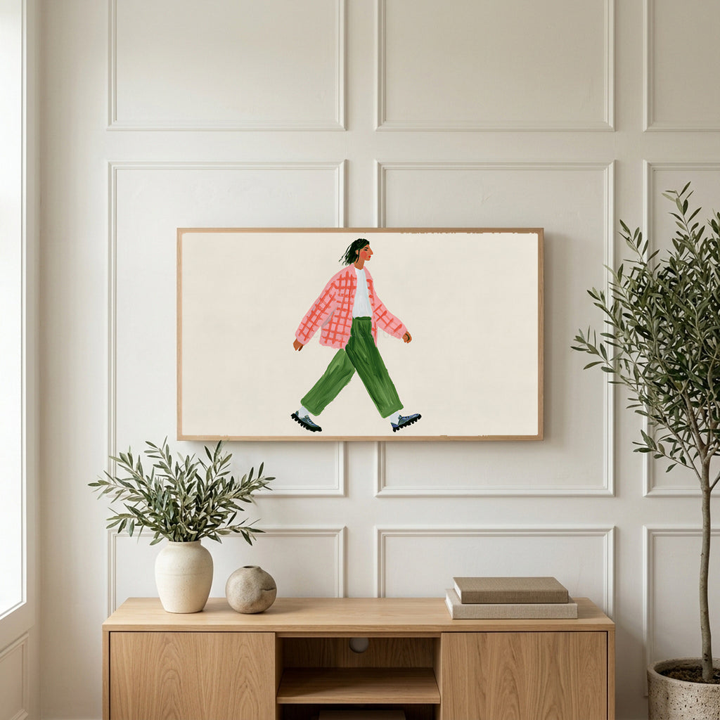 Woman walking art on a TV above a light oak sideboard with olive branches in a bright living room