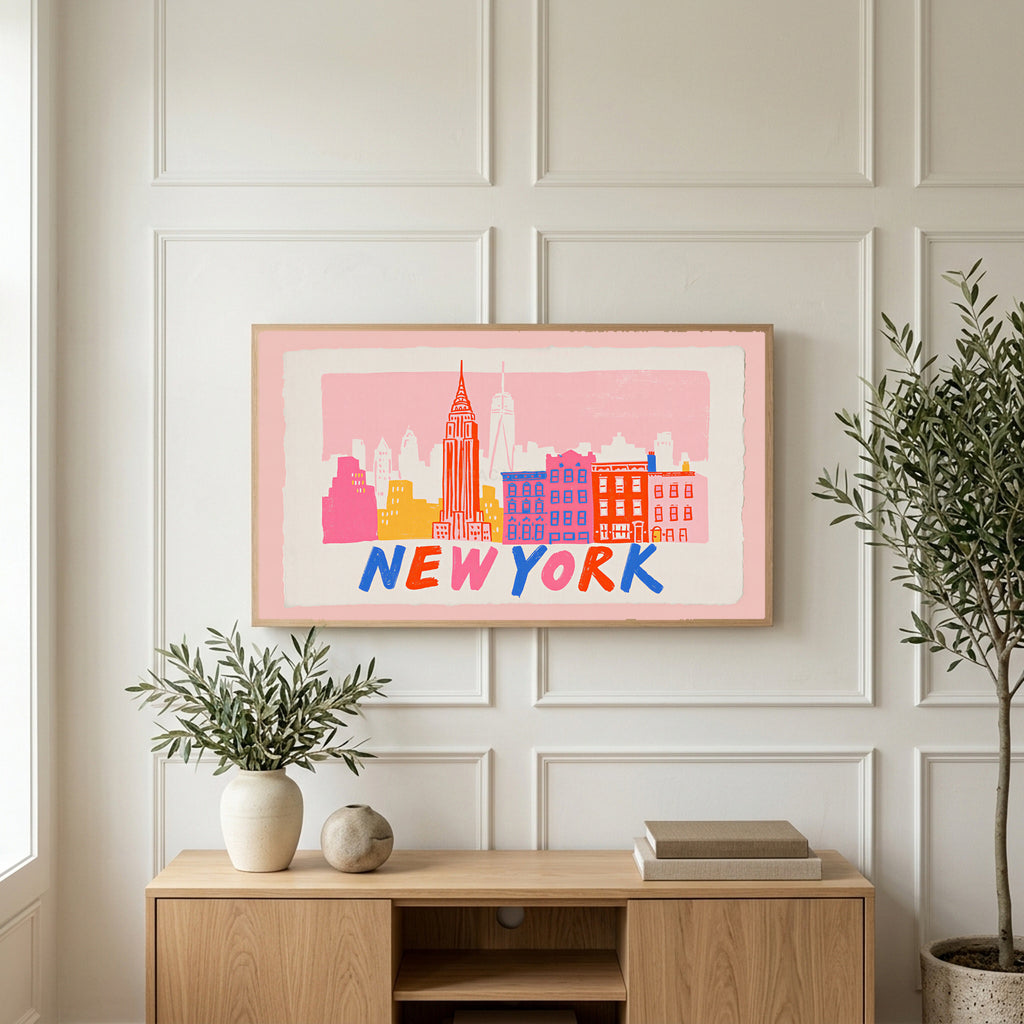 New York skyline art on a TV above a light oak sideboard with olive branches in a bright living room