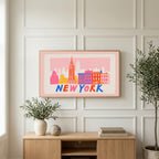 New York skyline art on a TV above a light oak sideboard with olive branches in a bright living room