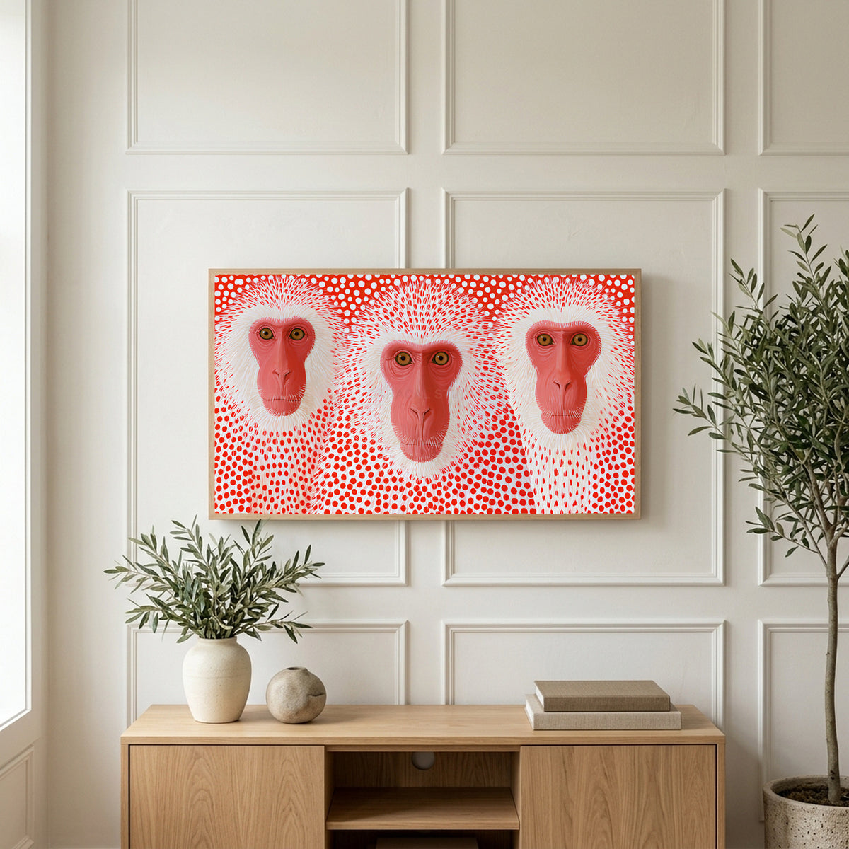 Snow monkeys with red dots art on a TV above a light oak sideboard with olive branches in a bright living room