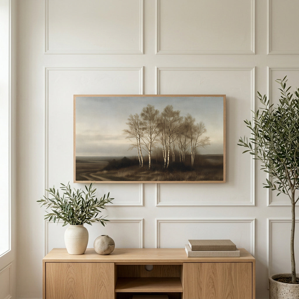Birch trees landscape art on a TV above a light oak sideboard with olive branches in a bright living room