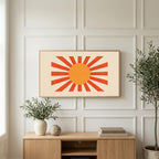 Retro sunburst art on a TV above a light oak sideboard with olive branches in a bright living room
