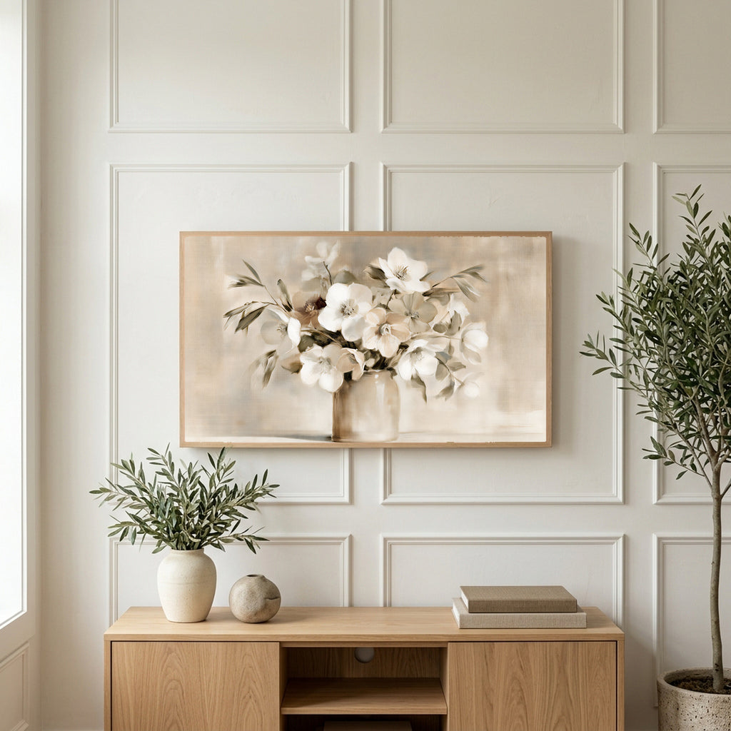 White hellebores art on a TV above a light oak sideboard with olive branches in a bright living room
