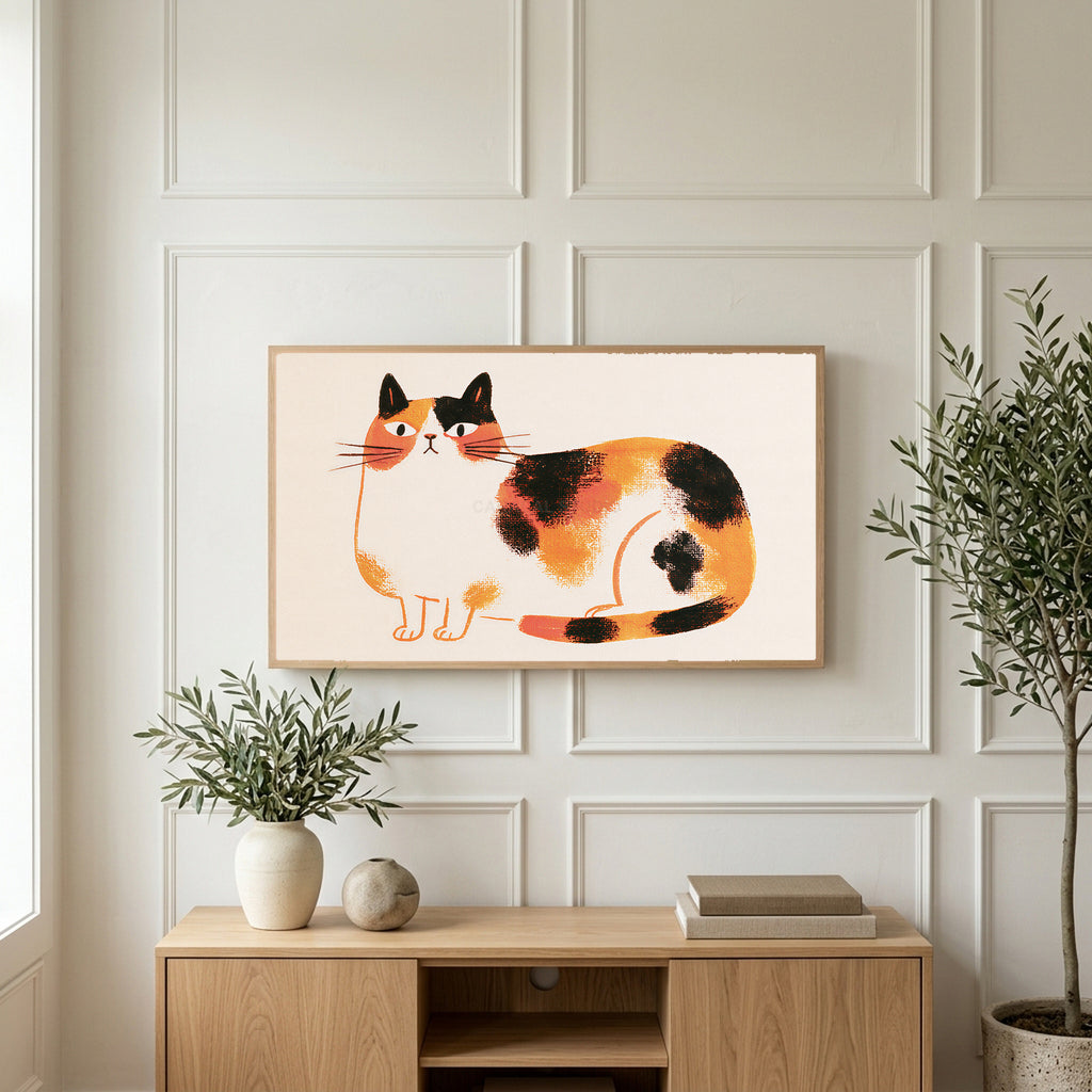 Calico cat art on a TV above a light oak sideboard with olive branches in a bright living room