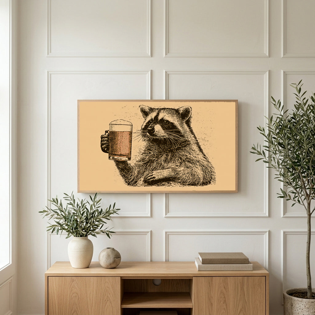 Beer raccoon art on a TV above a light oak sideboard with olive branches in a bright living room