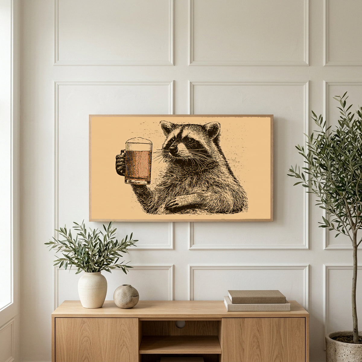 Beer raccoon art on a TV above a light oak sideboard with olive branches in a bright living room