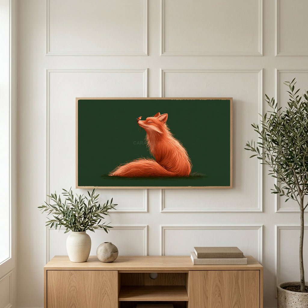 Fox and robin art on a TV above a light oak sideboard with olive branches in a bright living room