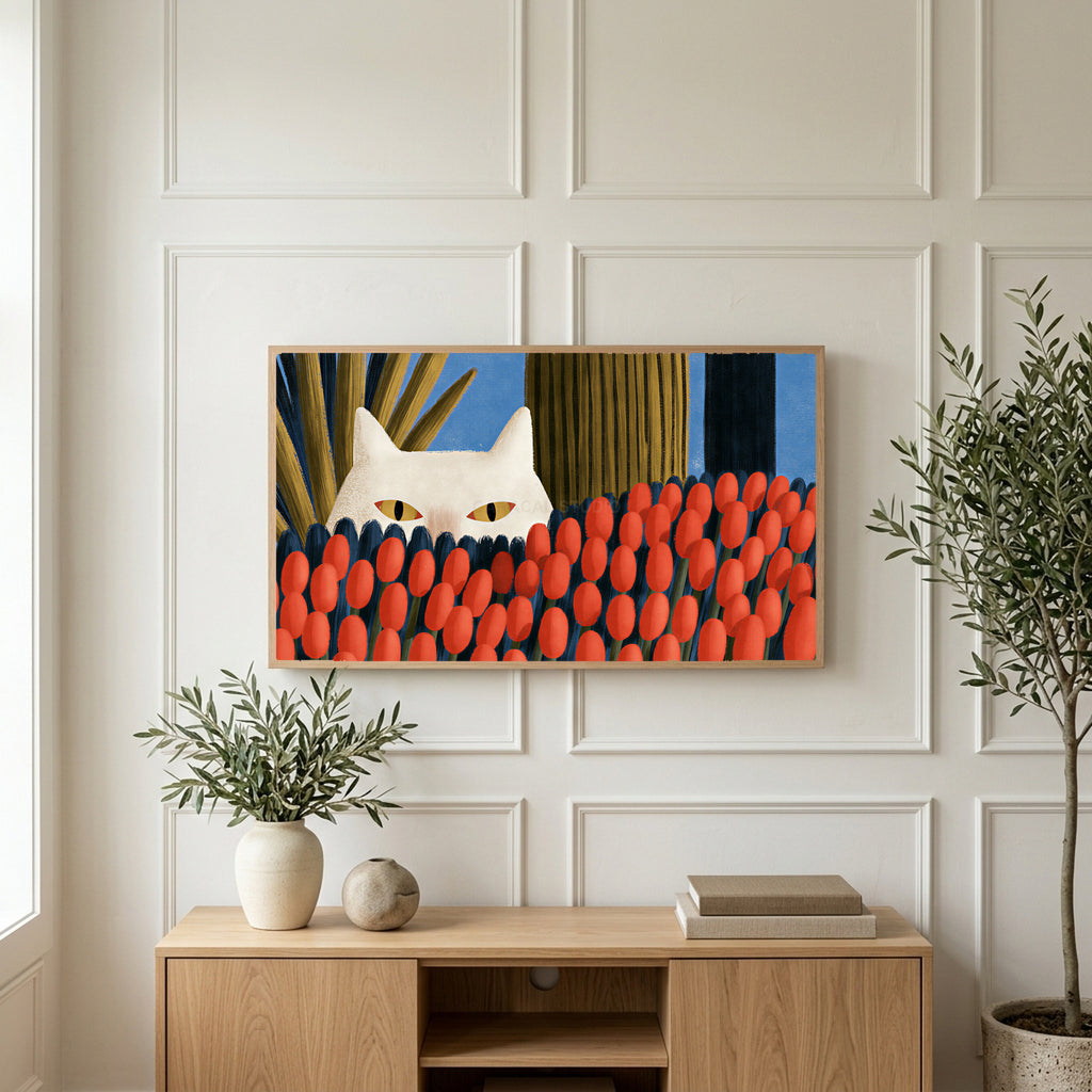 White cat and red tulips art on a TV above a light oak sideboard with olive branches in a bright living room