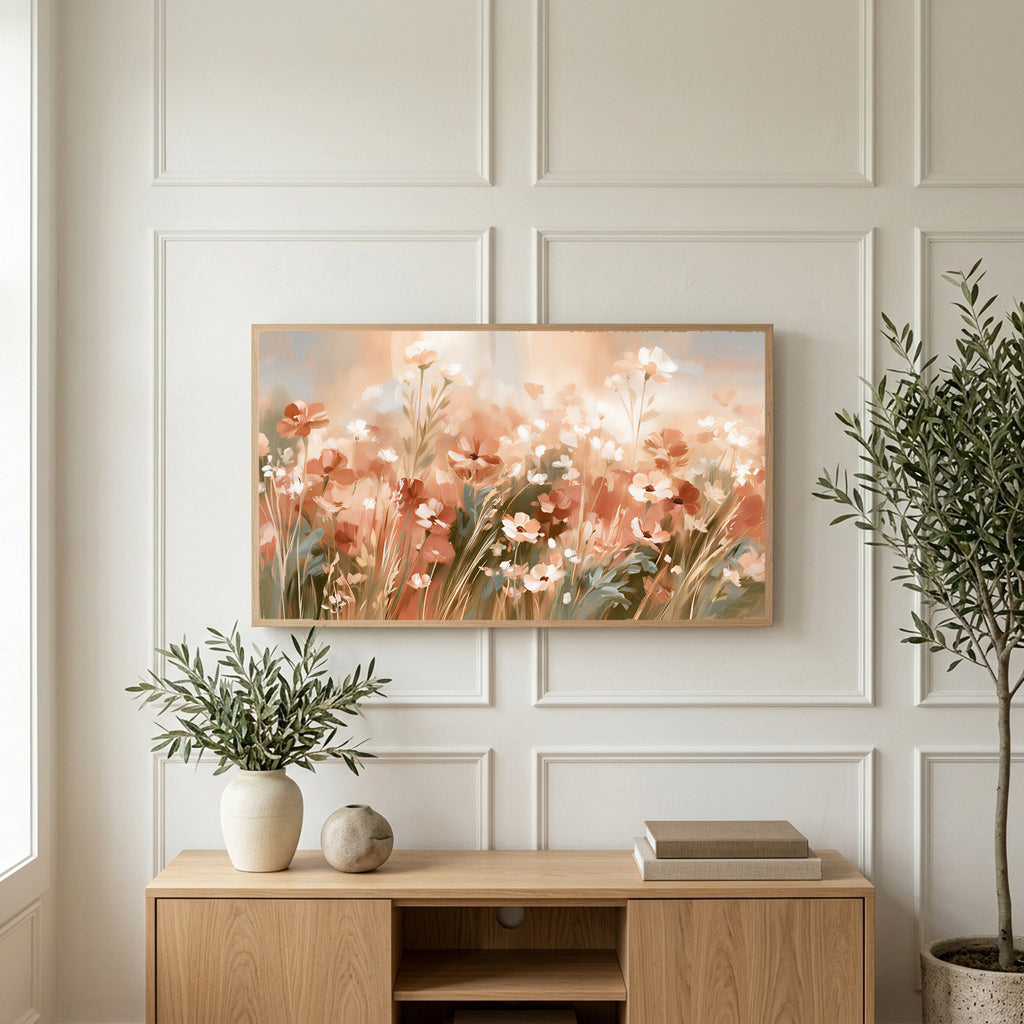 Terracotta wildflower meadow art on a TV above a light oak sideboard with olive branches in a bright living room