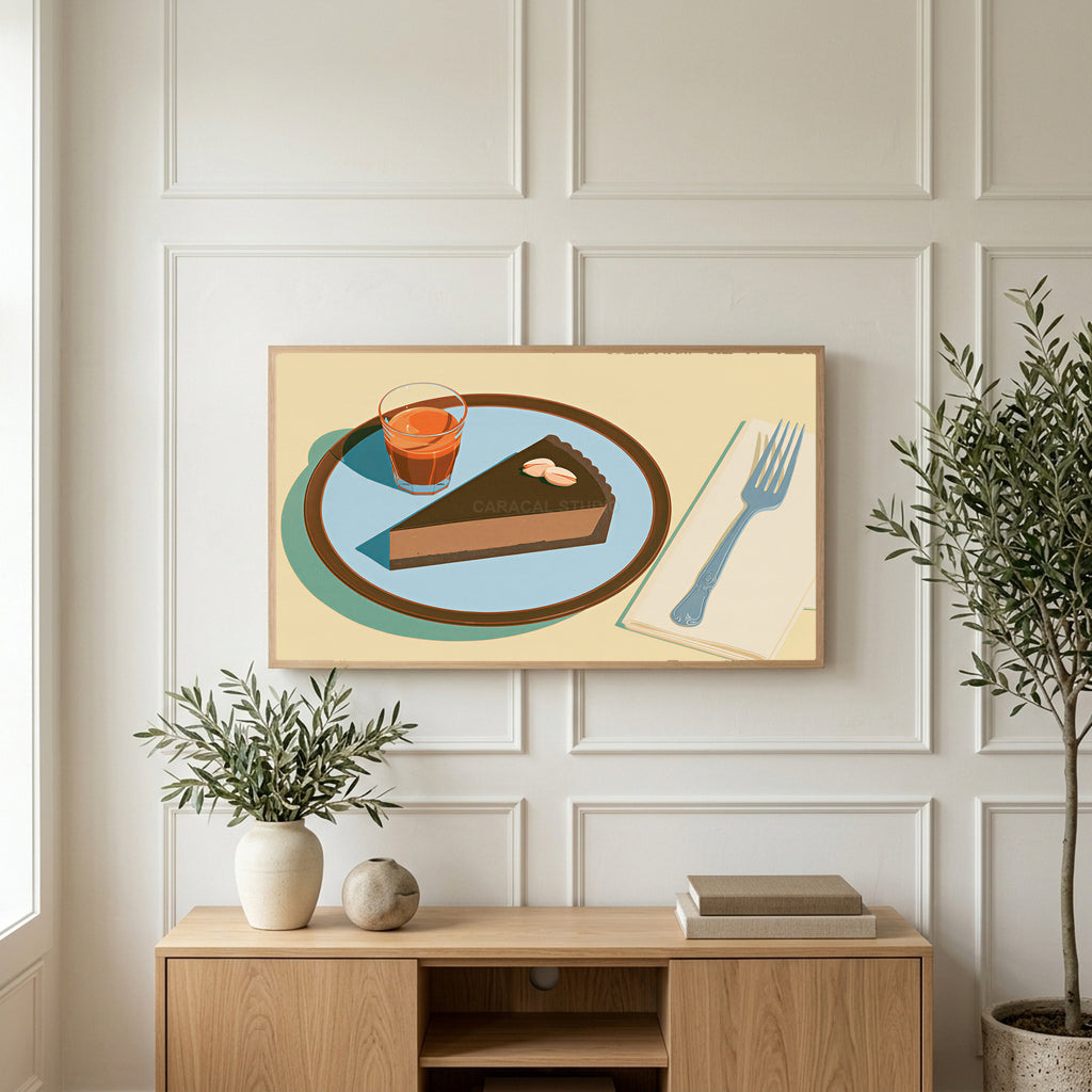 Chocolate tart and espresso art on a TV above a light oak sideboard with olive branches in a bright living room