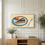 Chocolate tart and espresso art on a TV above a light oak sideboard with olive branches in a bright living room