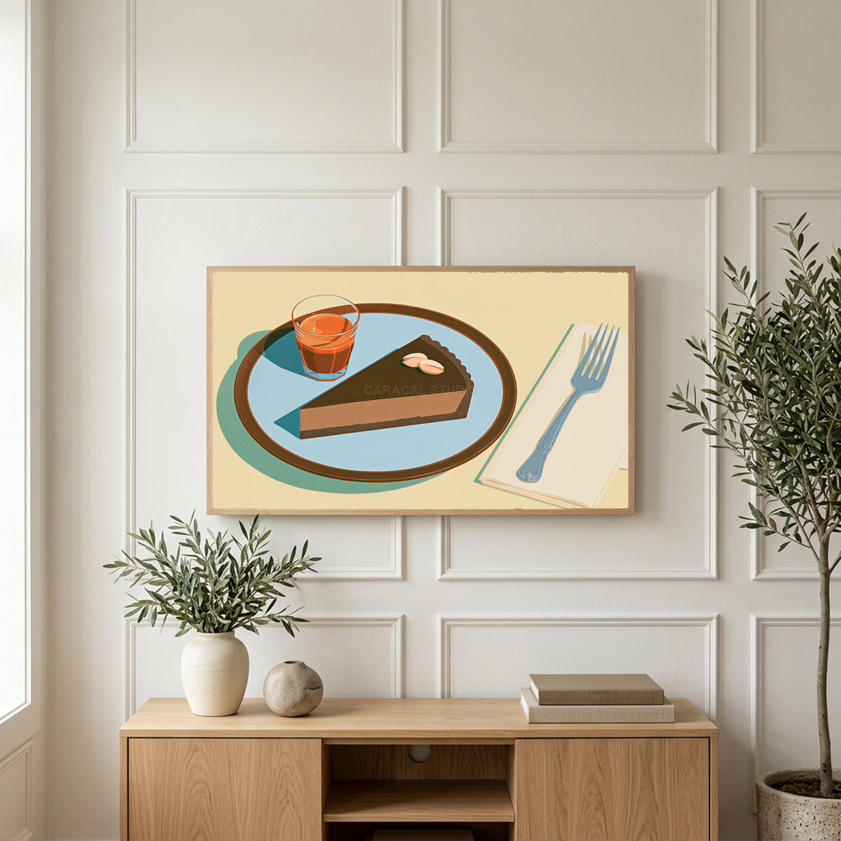 Chocolate tart and espresso art on a TV above a light oak sideboard with olive branches in a bright living room