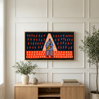 Jazz saxophone art on a TV above a light oak sideboard with olive branches in a bright living room