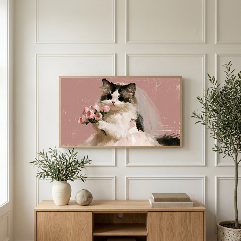 Cat bride art on a TV above a light oak sideboard with olive branches in a bright living room