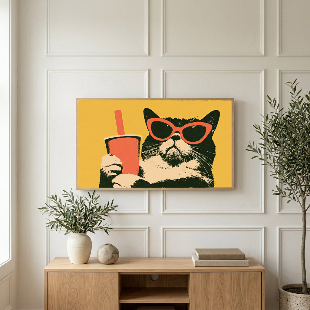 Funny cat in sunglasses art on a TV above a light oak sideboard with olive branches in a bright living room