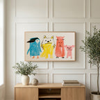 Crayon animals art on a TV above a light oak sideboard with olive branches in a bright living room