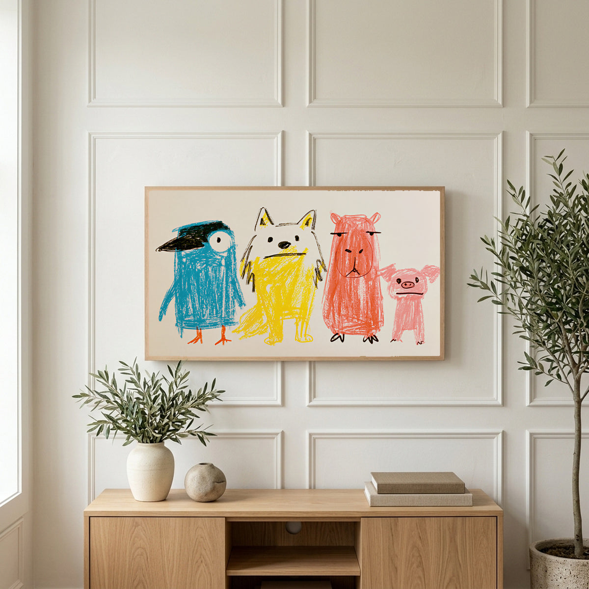 Crayon animals art on a TV above a light oak sideboard with olive branches in a bright living room