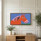 Naive horse art on a TV above a light oak sideboard with olive branches in a bright living room