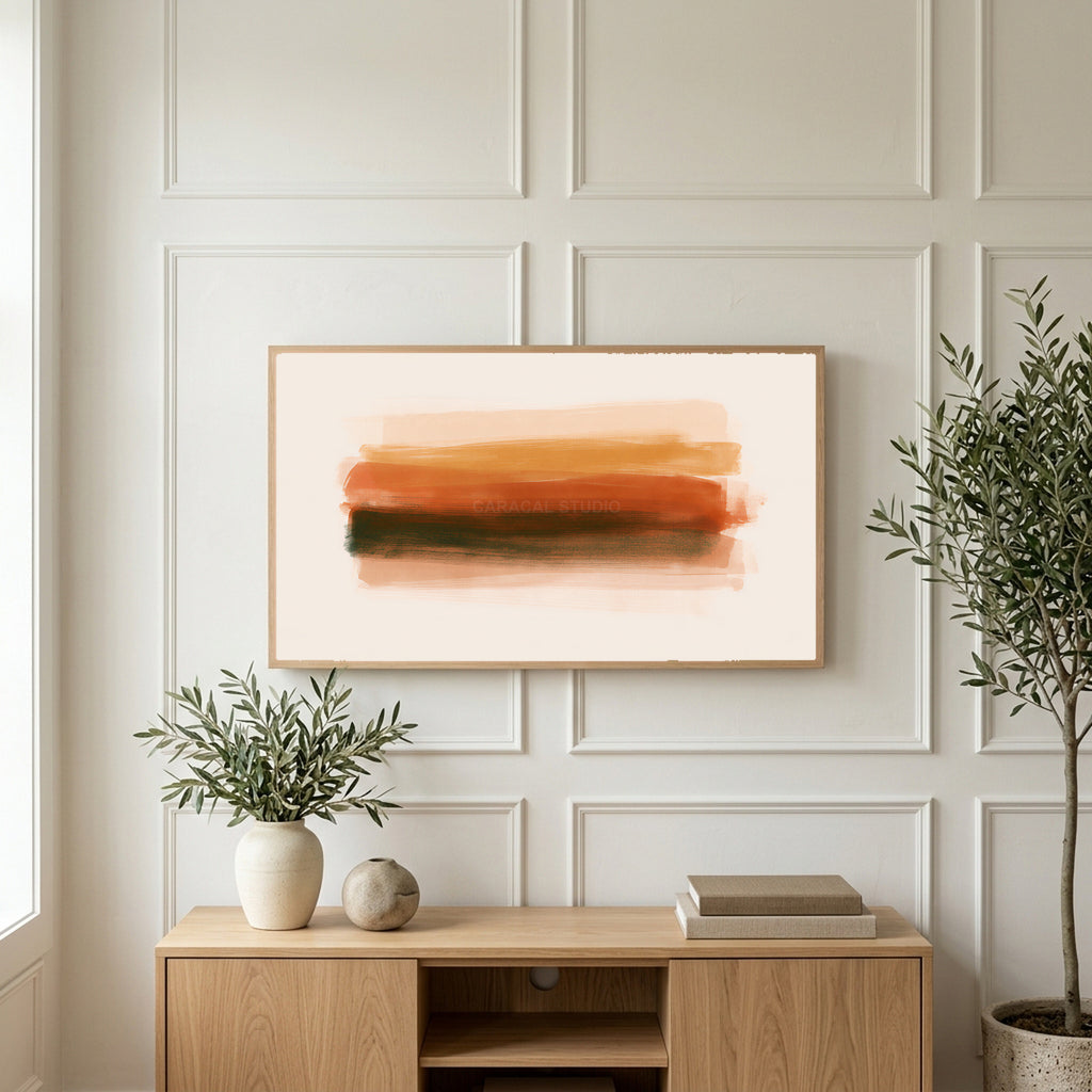 Terracotta brushstroke art on a TV above a light oak sideboard with olive branches in a bright living room