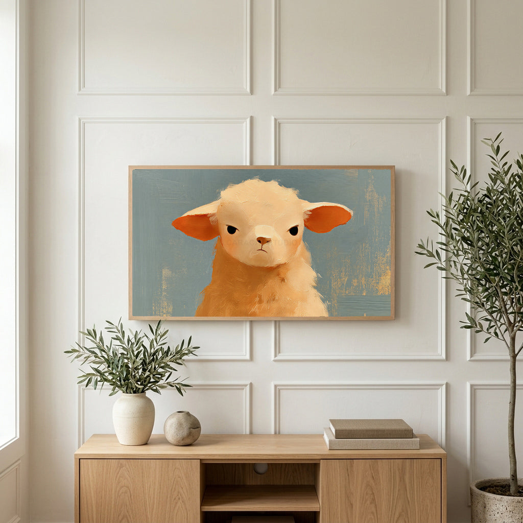 Grumpy lamb art on a TV above a light oak sideboard with olive branches in a bright living room