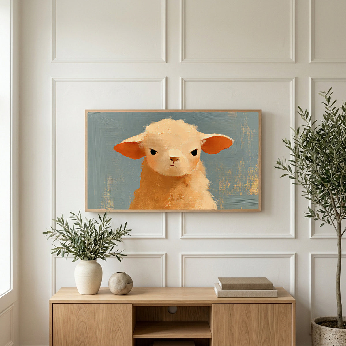 Grumpy lamb art on a TV above a light oak sideboard with olive branches in a bright living room