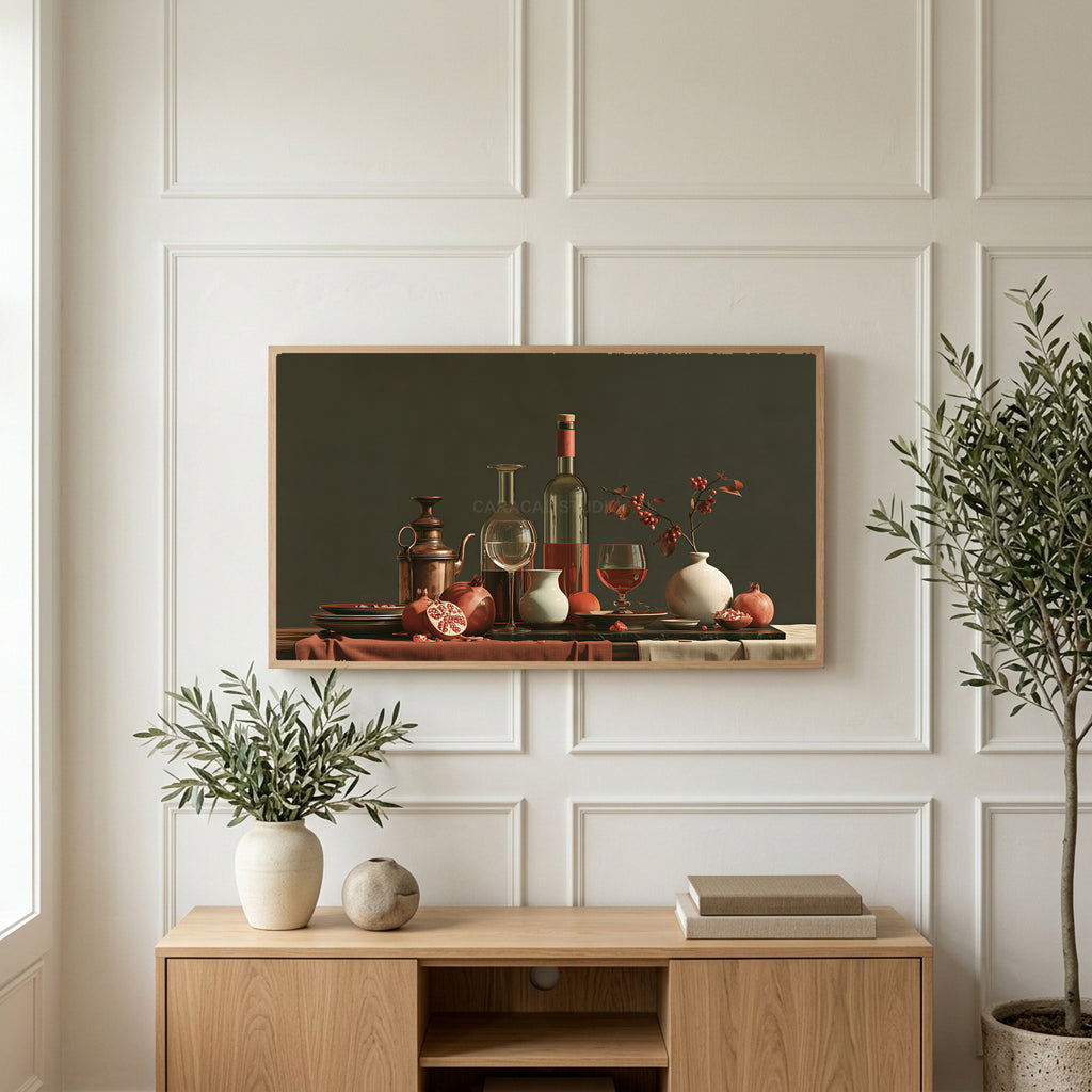 Wine and pomegranates still life art on a TV above a light oak sideboard with olive branches in a bright living room