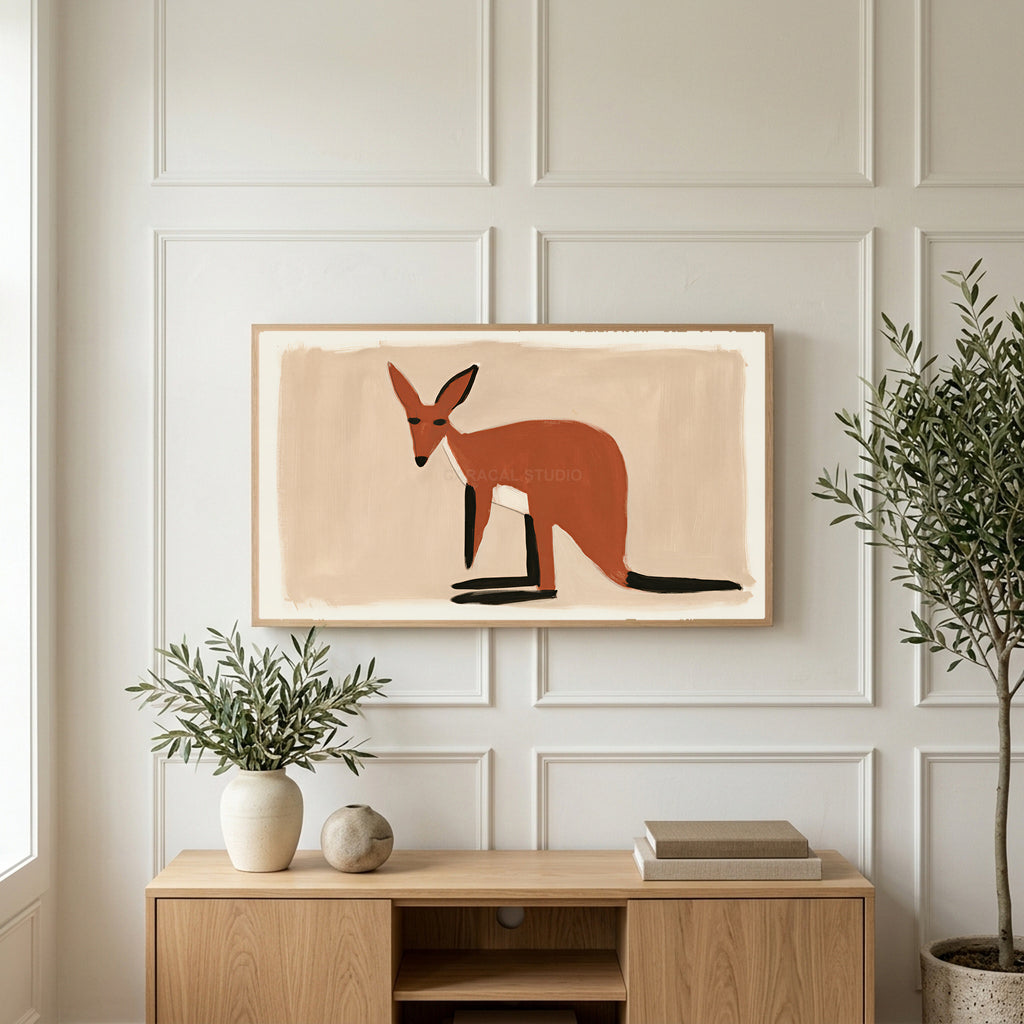 Minimalist wallaby art on a TV above a light oak sideboard with olive branches in a bright living room