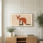 Minimalist wallaby art on a TV above a light oak sideboard with olive branches in a bright living room