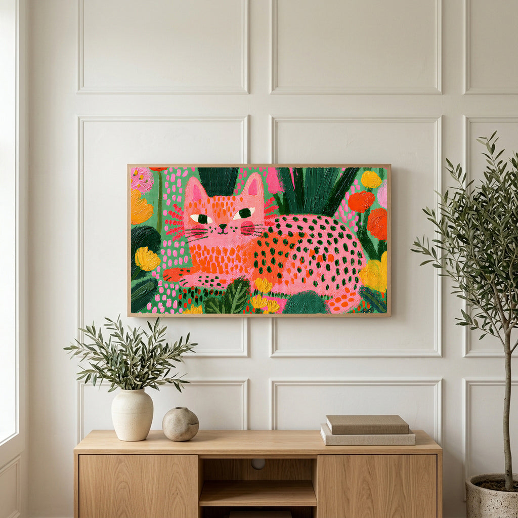 Spotted cat art on a TV above a light oak sideboard with olive branches in a bright living room