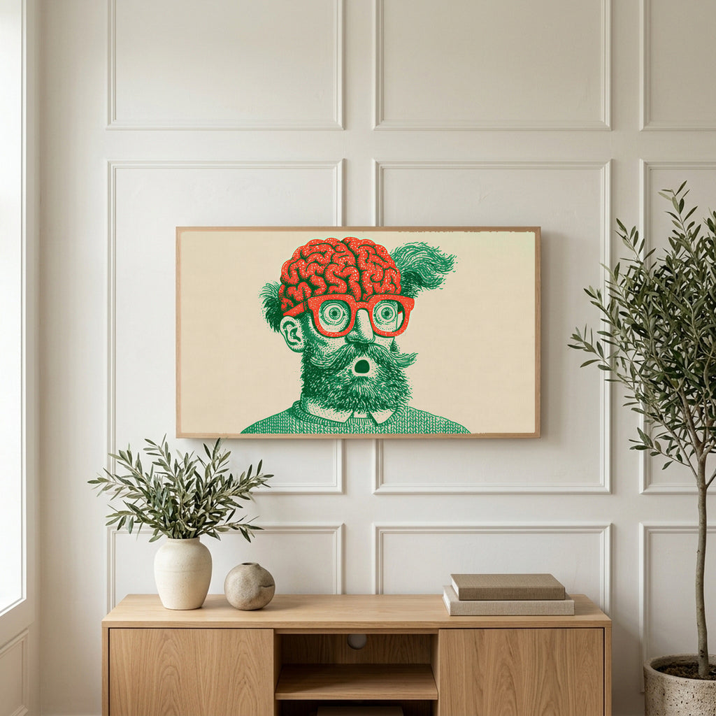 Brain and glasses portrait art on a TV above a light oak sideboard with olive branches in a bright living room