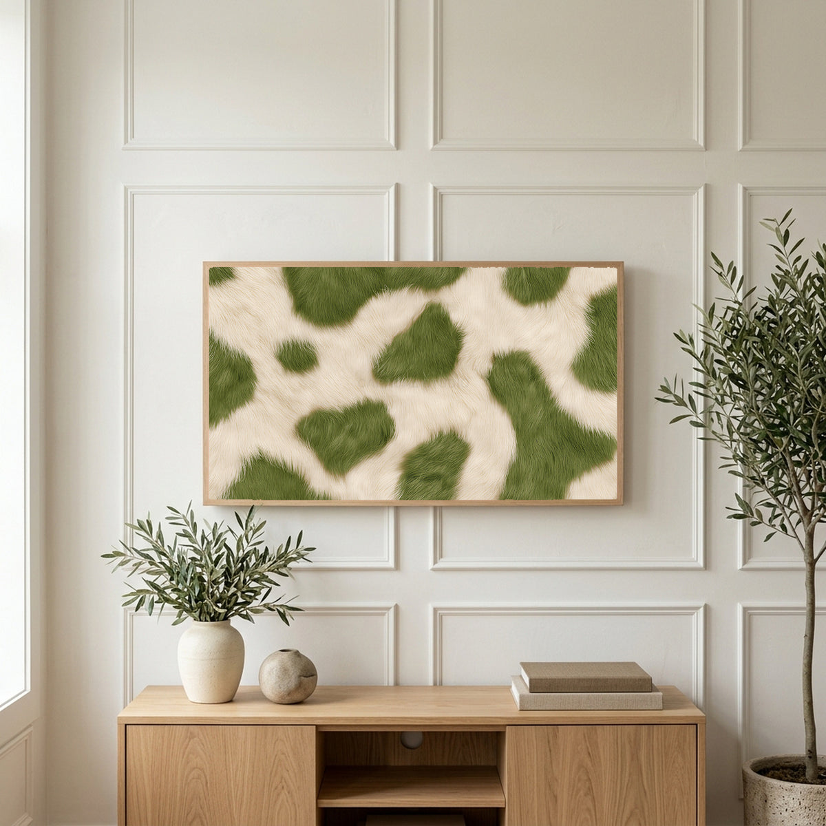 Olive cowhide art on a TV above a light oak sideboard with olive branches in a bright living room