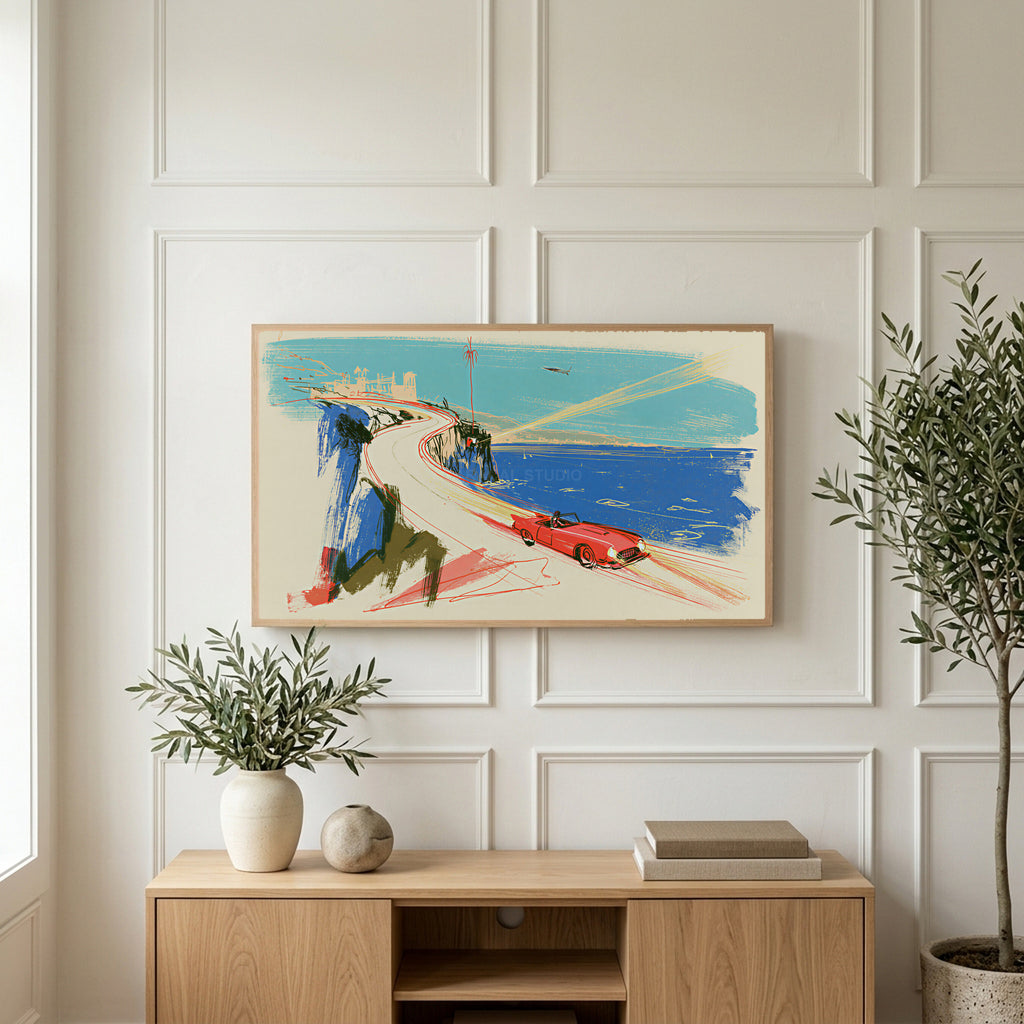 Red car on a coastal road art on a TV above a light oak sideboard with olive branches in a bright living room