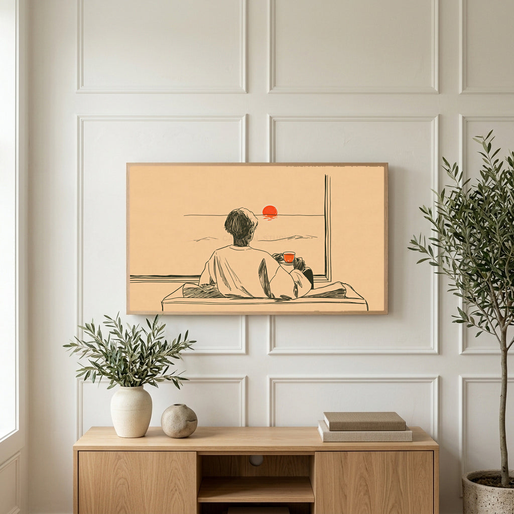 Sunset tea art on a TV above a light oak sideboard with olive branches in a bright living room