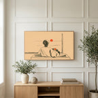 Sunset tea art on a TV above a light oak sideboard with olive branches in a bright living room