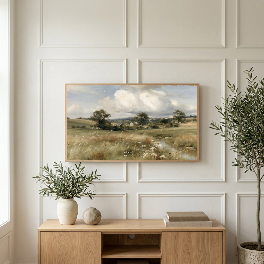 Countryside meadow and cottage art on a TV above a light oak sideboard with olive branches in a bright living room